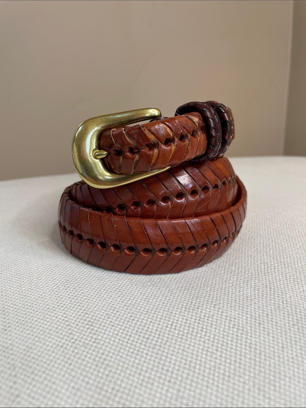Vintage Chestnut Braided Leather Belt with Brass Buckle 38